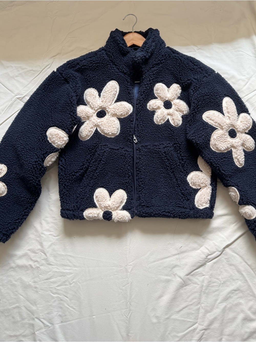 Blank NYC Navy Sherpa Puffer Jacket with White Daisy Appliqués
